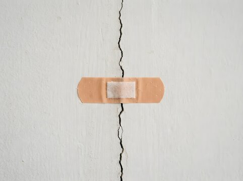 Adhesive bandage covering a vertical crack on a white wall surface with medical plaster