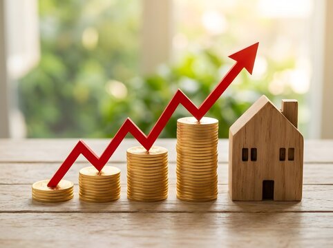 Wooden house model and increasing stacks of gold coins with a red arrow chart real estate property
