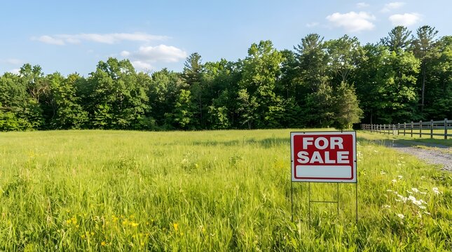 For sale real estate sign standing in an empty green grassy field with trees buy land blue sky