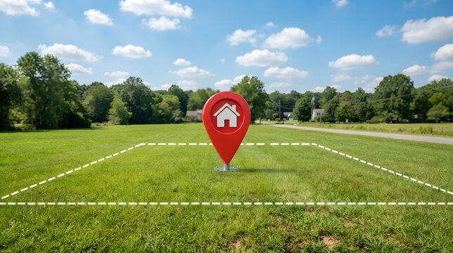 Red map pointer with house icon marking a land plot in a green field house pin property marker