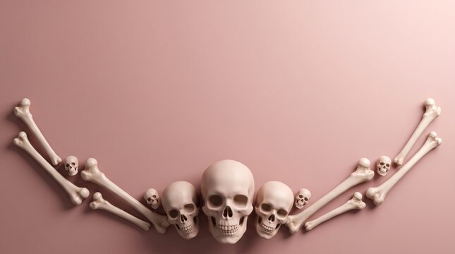 Spooky Halloween Background with Skulls and Bones on Pink