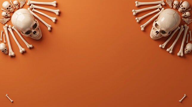 Spooky Halloween background with skulls and bones on orange
