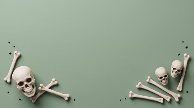 Spooky Halloween background with skeletons on green surface for design