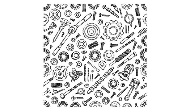 Car Parts and Garage Equipment Hand Drawn Seamless Doodle Pattern