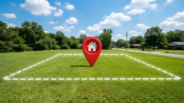 Red location pin marker standing on a green grass plot representing real estate land plot for sale
