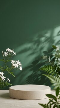 Empty stone podium display pedestal surrounded by green leaves and white flowers with green
