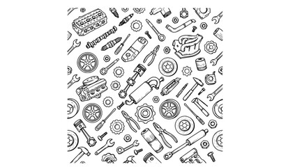 Obraz premium Automotive Garage Tools and Mechanical Parts Seamless Doodle Pattern
