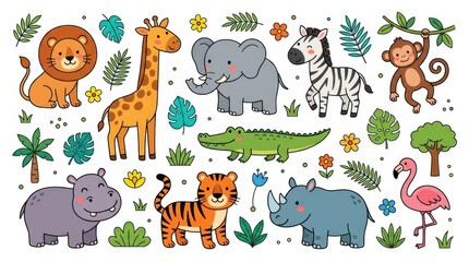 Fototapeta premium Cute Safari Animals and Tropical Plants Vector Illustration Set with Lion Giraffe Elephant Zebra Monkey and Tiger