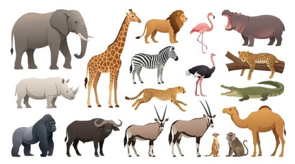 Fototapeta premium African Safari Animals Vector Illustration Set Featuring Elephant Lion Giraffe Zebra and More Wildlife