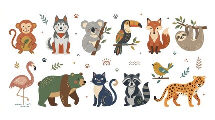 Fototapeta premium Collection of Cute Stylized Animal Illustrations Including Monkey Koala Fox Sloth Bear and Cheetah for Children's Design