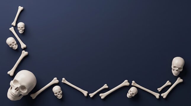 Halloween background with skulls and bones on dark blue