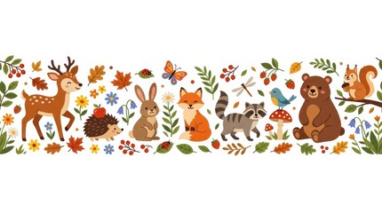 Fototapeta premium Seamless Horizontal Pattern with Cute Woodland Animals, Autumn Leaves, Flowers and Berries on White Background
