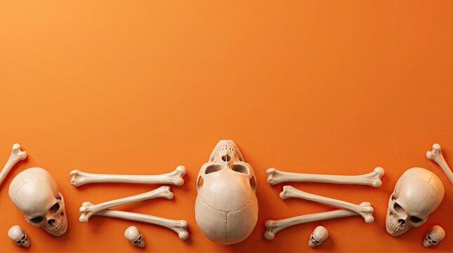 Spooky Halloween Skeleton Bones and Skulls on Orange Background