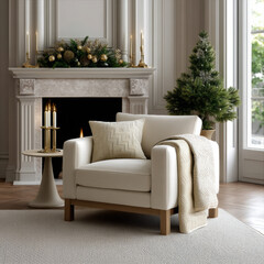 Obraz premium Elegant cream armchair with gold and cream quilt, festive pillow, and holiday decor by fireplace and Christmas tree in cozy living room