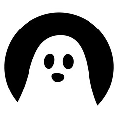 Feliz Halloween. Icono con dibujo sencillo de la cabeza de un simpático fantasma en un círculo en espacio negativo, para tarjetas y felicitaciones  © teracreonte