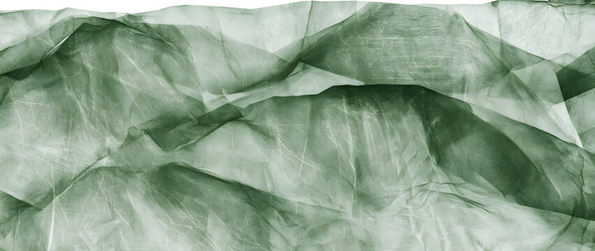 Translucent tracing paper with an aged texture featuring layered folds, creases, scratches, and uneven tonal variations, displayed in a panoramic format with a greenish monochrome look.
