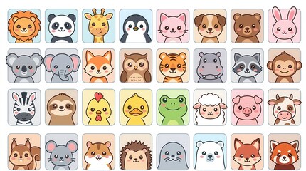 Fototapeta premium Large Collection of Cute Kawaii Animal Face Icons and Avatars for Kids and Web Design Projects