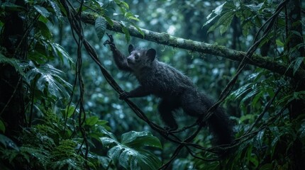 Fototapeta premium Lemur in the Rainforest: A nocturnal lemur, with its keen eyes and agile body, navigates the dense foliage of a vibrant rainforest, showcasing the wild beauty of its natural habitat.
