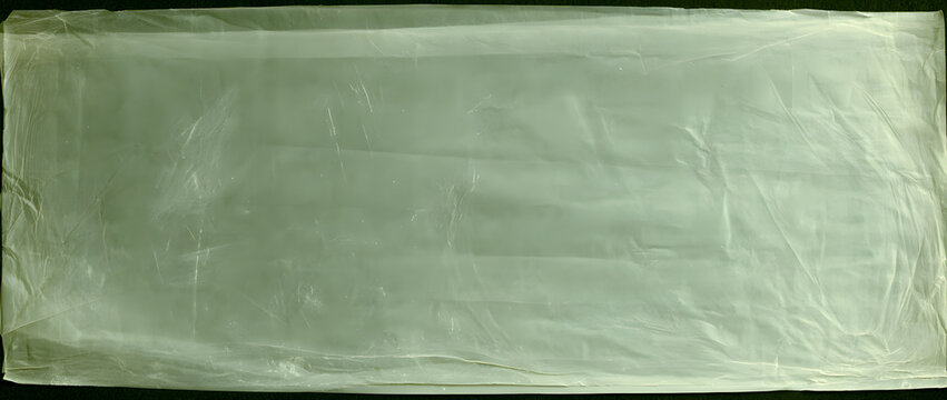 Old translucent tracing paper with layered folds, creases, scratches, and uneven tonal variations. Presented in a panoramic format with a greenish monochrome appearance.