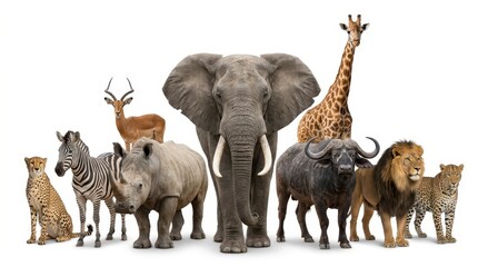 Fototapeta premium African Wildlife Collection with Elephant Giraffe Lion Rhino Zebra and Cheetah Isolated on White Background