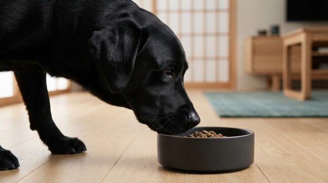 Black Labrador Dog Eating from Bowl
