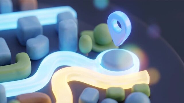 青と黄色に光るマップピンと立体的な街のルートを描くナビゲーション背景映像
