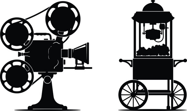 Silhouette of Vintage Film Movie Projector and Retro Popcorn Cart MachineSilhouette of Vintage Film Movie Projector and Retro Popcorn Cart Machine