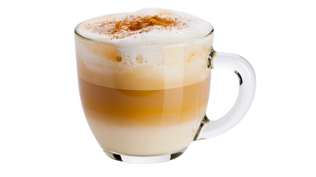 Layered latte coffee with cinnamon powder sprinkled on foam, isolated on transparent background