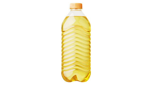 Clear plastic bottle filled with golden cooking oil, isolated on transparent background