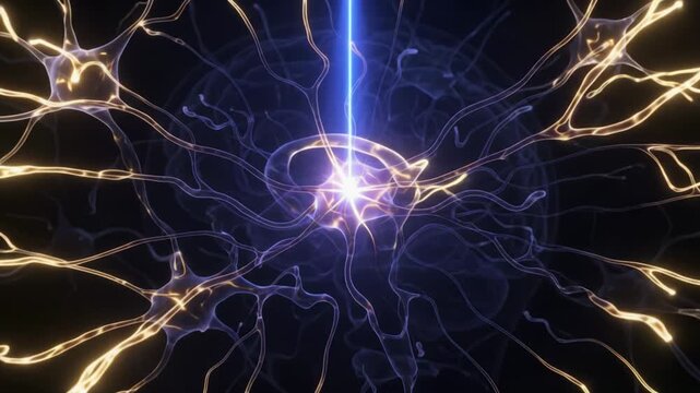 3D medical animation of neurons firing in the human brain neural network illuminated by blue light beam footage.