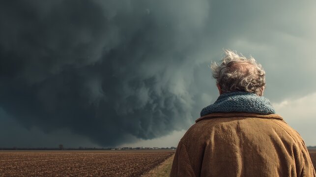 Man Watches Massive Supercell Storm Over Wheat Field Back View With Curly Hair And Brown Coat, Dark Rotating Wall Cloud And Greenish Sky, Wind Bending Stalks, Tense Anticipation, Cinematic Lighting,