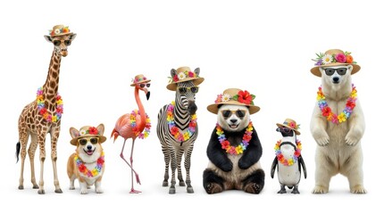 Fototapeta premium Group of Funny Animals Wearing Summer Vacation Outfits with Straw Hats Sunglasses and Flower Leis on White Background