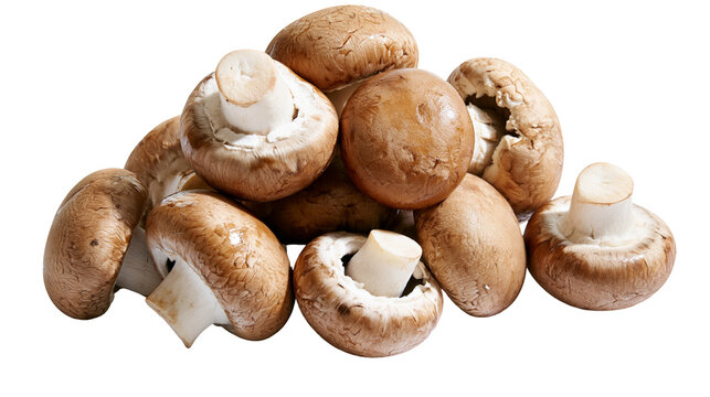 Pile of fresh brown cremini mushrooms, isolated on transparent background