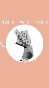 Paper collage art of hand holding dollar bills with prices, finance vertical video thumbnail