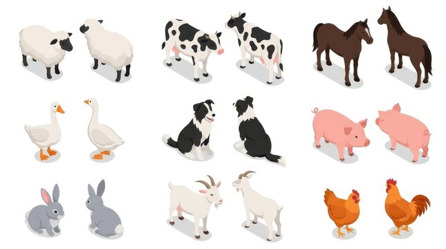 Isometric Farm Animals Vector Set with Cows Horses Sheep Pigs Chickens Dogs Rabbits and Goats for Agricultural Design
