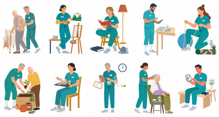 Fototapeta premium Diverse set of vector illustrations depicting professional caregivers and nurses assisting elderly patients with various daily activities and medical needs.