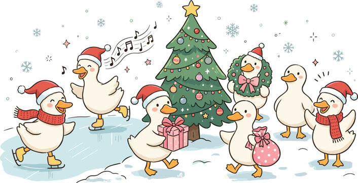 Cute cartoon white ducks celebrating Christmas around festive decorated tree ice skating singing carols and exchanging holiday gifts vector illustration