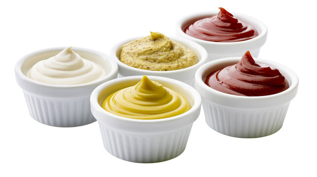 Five ramekins filled with mayonnaise yellow mustard coarse mustard and ketchup, isolated on transparent background