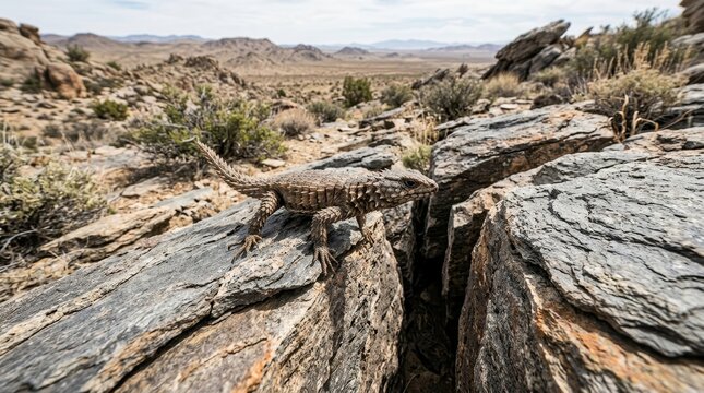 Desert Dweller: A large lizard navigates a rugged, rocky terrain in a vast, arid desert landscape, showcasing its adaptation to harsh environments.