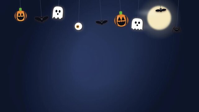 Halloween Ornaments Night Scene, Glowing Moon, Swinging Jack-O-Lanterns, Ghosts, Bats, Midnight Blue Background, Spooky Halloween Animation