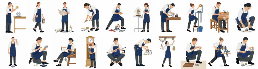 Obraz premium Collection of diverse artisans and craftsmen in blue aprons performing various manual tasks, repairs, and creative work isolated on white background.