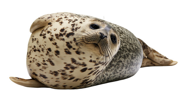 Spotted seal resting on its side, isolated on transparent background