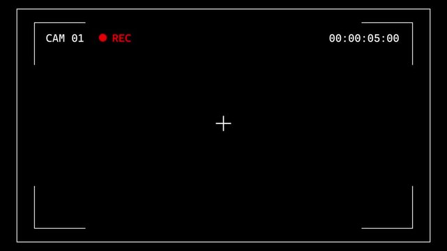CCTV surveillance CAM 1 monitor dashboard interface featuring a blank camera screen, recording indicator, timecode, framing markers, and centre crosshair. 
