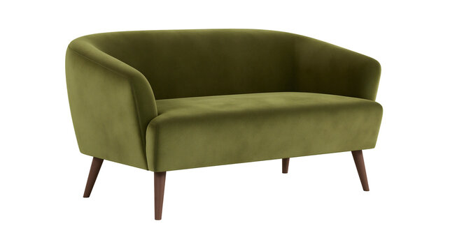 Olive green velvet loveseat with curved back and tapered wooden legs, isolated on transparent background