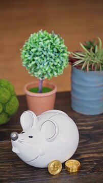 White mouse piggy bank with gold bitcoin coins on desk, crypto savings vertical video thumbnail