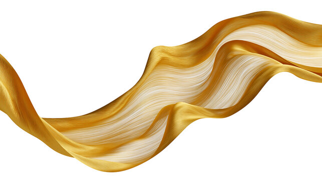 Flowing golden silk fabric with white strands, isolated on transparent background