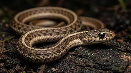Obraz premium Detailed Macro Portrait of a Common Garter Snake Coiled on Dark Forest Floor Mulch