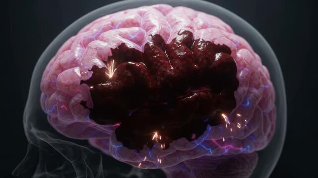 A 3D anatomical visualization showing a glowing human brain with active neural pathways inside a transparent skull against a dark background.