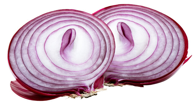 Two halves of a red onion showing concentric purple and white rings, isolated on transparent background