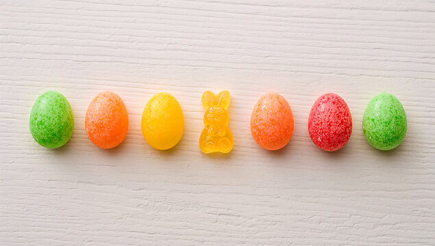 Colorful Easter candy eggs and a bunny arranged in a row on a white wooden surface